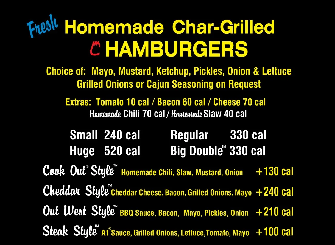 cookout hamburgers menu